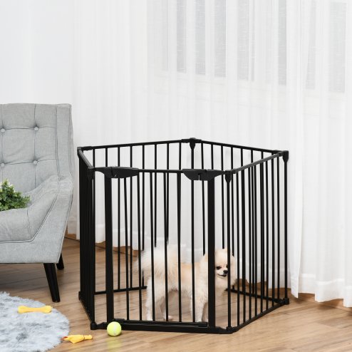 PawHut Pet Safety Gate, 5 Panels Playpen Fireplace, Metal Fence, Stair Barrier, Room Divider w/ Walk-Through Door - Black