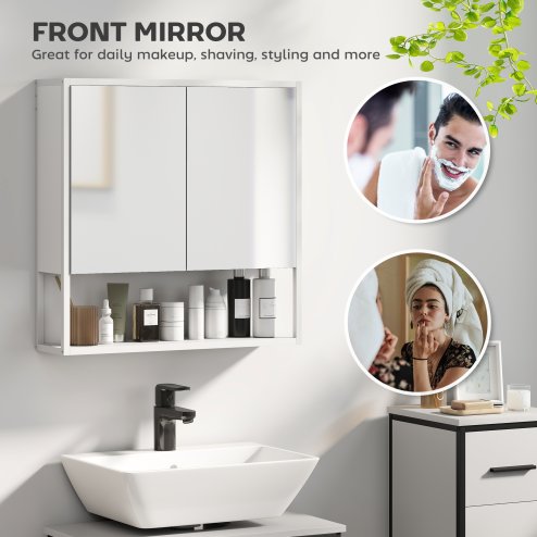 HOMCOM Bathroom Mirror Cabinet Wall Mounted with Soft-Close Doors and Adjustable Shelf, Industrial Bathroom Wall Cabinet with Open Storage, 60 x 16 x 60 cm