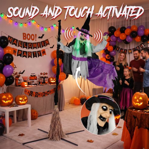 HOMCOM 200cm Life Size Animated Flying Witch Halloween Decorations Outdoor Indoor, Scary Halloween Animatronics Decor with Sound Touch Activated, Light Up Animated Prop for Yard Garden