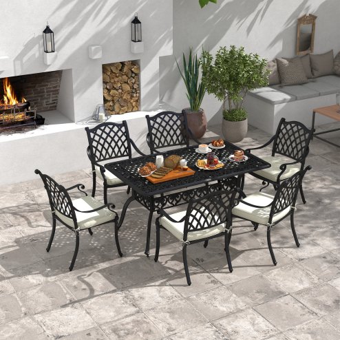Outsunny 7 PCs Garden Patio Dining Set with Parasol Hole, Cast Aluminium Outdoor Furniture Set with Six Cushioned Chairs and Rectangle Dining Table, for Garden, Lawn, Deck, Black