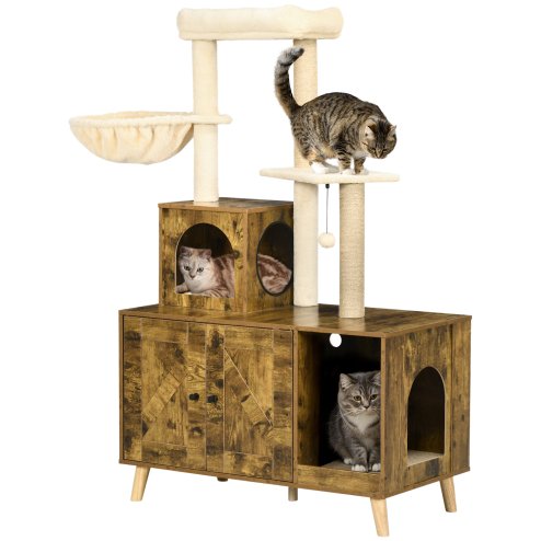 PawHut Cat Tree with Litter Box Enclosure, 2-in-1 Cat Tower for Indoor Cats with Cat House, Scratching Post, Hammock, Cushion, Rustic Brown