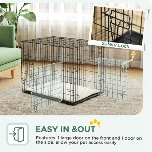 PawHut Dog Crate, Folding Metal Dog Cage with Two Doors, Tray, Soft Cushion, for Small Dogs, 76 x 53 x 60 cm, Black