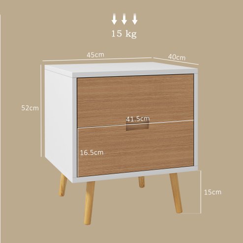 HOMCOM Bedside Table, Modern Nightstand with 2 Drawers, Small Sofa End Table with Storage and Solid Wood Legs for Bedroom, Living Room, Brown