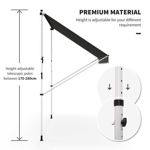 Outsunny Balcony 3 x 1.5m Manual Adjustable Awning, DIY Patio Clamp Awning Canopy, Retractable Shade Shelter Easy to Move for Balcony, Grey