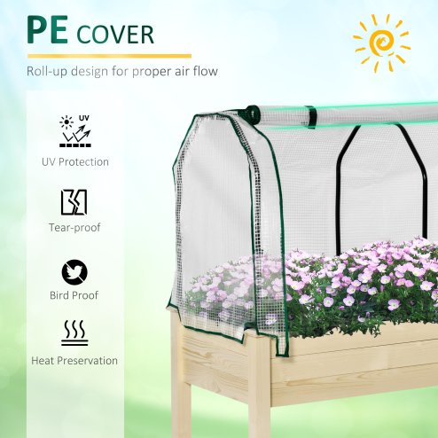 Outsunny Raised Garden Bed with PE Greenhouse Cover, Outdoor Elevated Wood Planter Box for Herbs and Vegetables, Use for Patio, Garden, Balcony, 121 x 55 x 117cm, Nature Wood Finish
