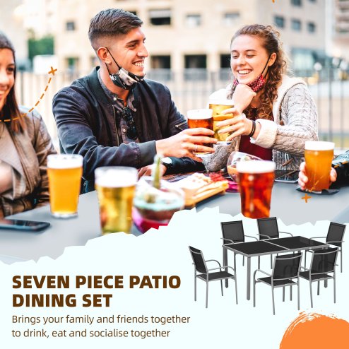 Outsunny 7 Piece Garden Dining Set, Outdoor Table and 6 Stackable Chairs, Steel Frame, Tempered Glass Top Table, Mesh Seats, Black