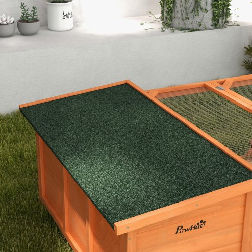 PawHut Rabbit Hutch Outdoor Guinea Pig Hutch with Run Small Animal Off-ground Duck House Hideaway Backyard with Openable Roof 125.5 x 100 x 49cm Orange