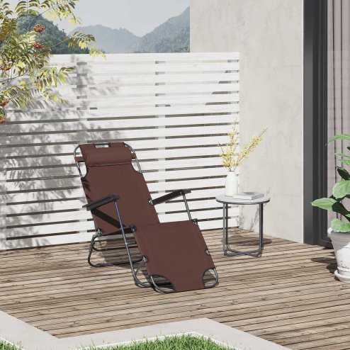 Outsunny 2 in 1 Folding Sun Lounger Reclining Garden Chair with 2-Level Adjustable Backrest, Outdoor Zero Gravity Recliner Garden Chair with Head Pillow and Armrests, Brown