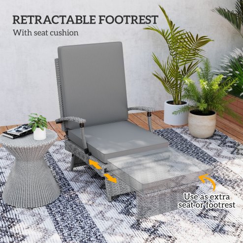 Outsunny Outdoor PE Rattan Recliner Chair with Cushion, Foldable Design Garden Recliner Chair with Retractable Footrest and Adjustable Back with 80 Degree Recline