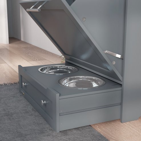 PawHut Pet Feeder Station, Dog Food Storage Container w/ Raised Dog Bowls, Hanger, for Food and Water - Grey