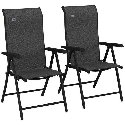 Outsunny Set of 2 Outdoor Wicker Folding Chairs, Patio PE Rattan Dining Armrests Chair set with 7 Levels Adjustable Backrest, for Outdoors, Camping, Grey