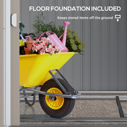 Outsunny 7 x 5FT Galvanised Metal Garden Shed with Foundation, Lean to Shed, Tool Storage House with Sliding Doors, 2 Vents, Adjustable Shelves and Hooks, White