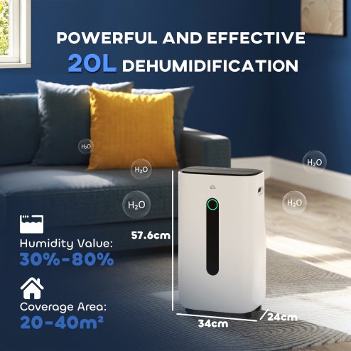 HOMCOM 20L/Day Dehumidifier with Air Purifier and HEPA Filter, 24H Timer, 4 Modes, Electric Moisture Air Dehumidifier for Home Laundry Basement, White