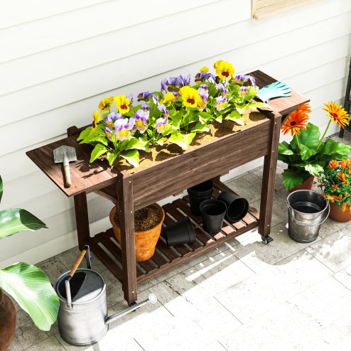 Outsunny Raised Garden Bed, Wooden Elevated Planter Box with Lockable Wheels, Side Tables and Bottom Shelf, Outdoor Planter with Liner and Drainage Holes for Vegetables, Flowers, Fruits, Carbonised
