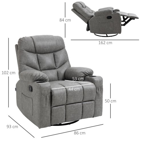 HOMCOM Recliner Armchair, Swivel PU Leather Manual Reclining Chair with Adjustable Leg Rest, Drink Holders, Side Pockets, Rocker Chair for Home Living Room, Light Grey