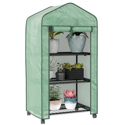 Outsunny 3 Tier Mini Greenhouse with Reinforced PE Cover and Wheels, Portable Small Greenhouse with Roll-up Door and Wire Shelves, 130H x 69W x 49D cm, Green