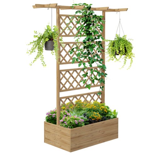Outsunny Wood Planter with Trellis, Raised Garden Bed Privacy Screen Planter Box to Grow Vegetables, Herbs and Flowers for Garden, Patio, Deck, Natural