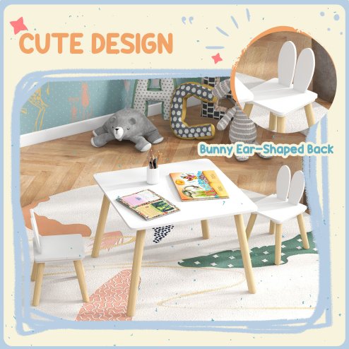 AIYAPLAY 3 Pieces Toddler Table and Chair Set, Kids Desk and 2 Chairs Set with Cute Bunny Ear Backrest, Wooden Legs, for Nursery, Playroom, Classroom - White