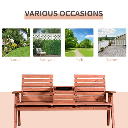 Outsunny 2 Seater Wooden Garden Bench with Convertible Middle Table, Outdoor Three-Seater Bench for Patio, Park, Porch, Orange