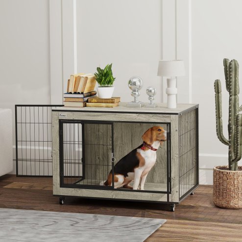 PawHut Dog Crate Furniture on Wheels, Dog Cage End Side Table with Lockable Double Doors, for Medium Breeds, 80 x 56 x 62.5cm, Grey