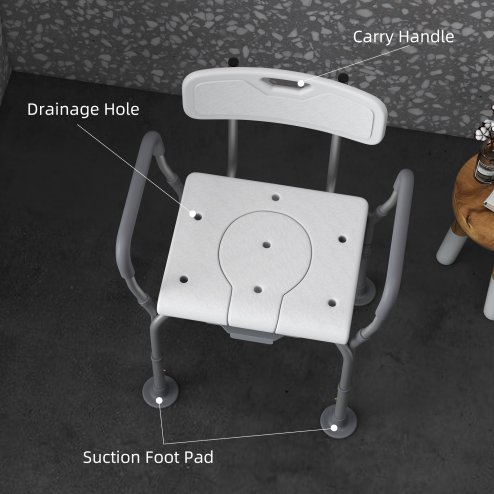 HOMCOM Height Adjustable Shower Chair with Arms and Back, Non-Slip Shower Stool, Bedside Commode with Detachable Bucket for Elderly, Seniors, Disabled, White
