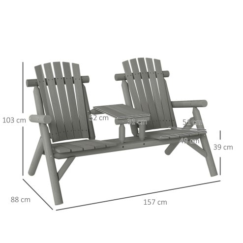Outsunny Wood Patio Chair Bench 2 Seats with Centre Coffee Table, Garden Bench for Lounging and Relaxing Outdoors, Grey