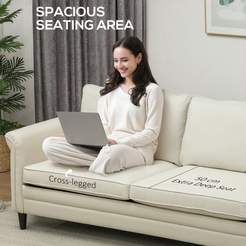 HOMCOM 3 Seater Sofa, Modern Fabric Sofa Couch with Spring Cushion, Rubber Wood Legs, 191cm Upholstered Settee for Living Room, Bedroom, Home Office, Guest Room, Cream White