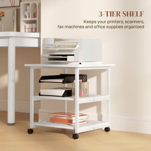 HOMCOM 3-Tier Printer Stand with Storage Shelf, Mobile Printer Table on Wheels, 50 x 50 x 52.5cm Rolling Printer Cart for Home Office, White