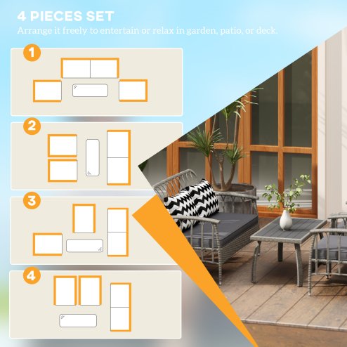 Outsunny 4 Piece Rattan Garden Furniture Set, Garden Sofa Set with 5-Level Adjustable Armchairs, Loveseat, Coffee Table and Cushions, Wicker Outdoor Conservatory Furniture for Patio Balcony, Grey