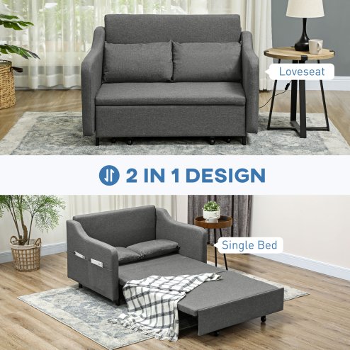 HOMCOM Pull Out Double Sofa Bed, Fabric 2 Seater Sofa Couch with Pillows and Side Pockets, Convertible Sleeper for Living Room, Grey