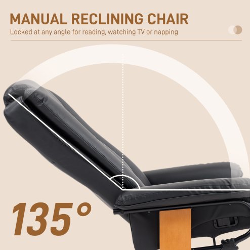 HOMCOM Manual Recliner Chair with Footrest, Upholstered Reclining Armchair with Adjustable Backrest and Steel Frame, PU Leather Swivel Chair for Living Room, Bedroom, Black