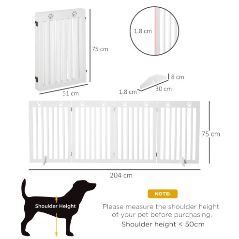 PawHut Freestanding Pet Gate 4 Panel Dog Barrier Folding Safety Fence with Support Feet up to 204cm Long 75cm Tall for Doorway Stairs, White