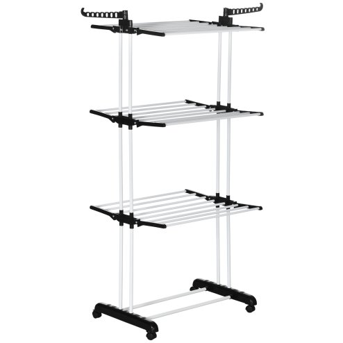 HOMCOM 4-Tier Clothes Airer, Foldable Clothes Drying Rack with Wheels and Wings, Steel Garment Laundry Rack for Indoor and Outdoor Use, Black