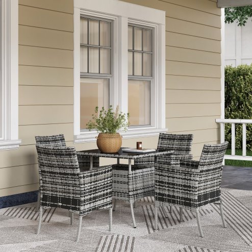 Outsunny 4 Seater Rattan Dining Set with Cushions, 5 Pieces Garden Dining Set with Glass Tabletop, PE Rattan Garden Furniture Set with Dining Table and Armchairs for Patio, Balcony, Mixed Grey