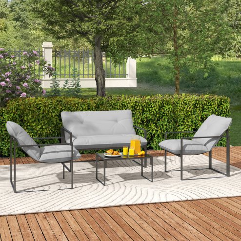 Outsunny 4 Piece Garden Sofa Set, 2 Single Armchair, Loveseat and Coffee Table Set with Steel Frame, Outdoor Furniture with Thick Cushions, Light Grey