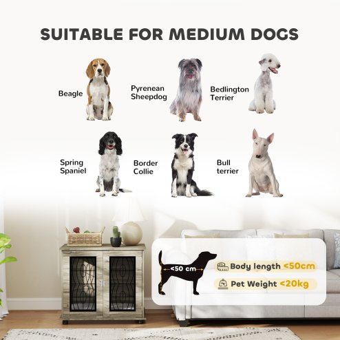 PawHut Dog Crate Furniture, Dog Cage with Soft Washable Cushion, Furniture-Style Pet Kennel Indoor House End Side Table for Small Medium Breeds, 80 x 56 x 63 cm, Grey