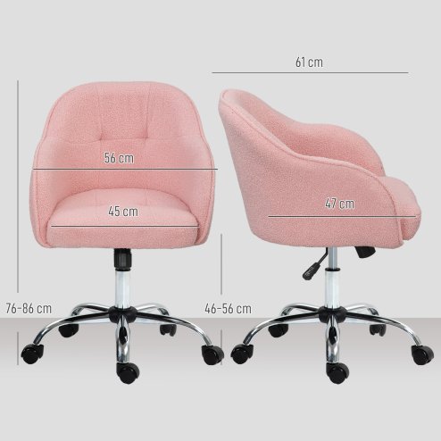 HOMCOM Office Chair, Teddy Fleece Swivel Computer Desk Chair, Makeup Vanity Seat with Adjustable Height for Home Study Bedroom, Pink