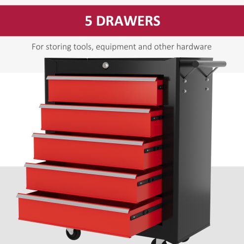 HOMCOM Steel 5-Drawer Tool Storage Cabinet Lockable with Wheels Handle 2 Keys Garage Equipment Trolley Home Work DIY Workshop Chest Red