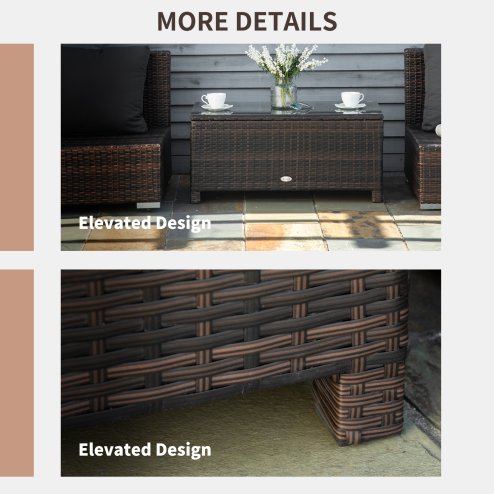 Outsunny PE Rattan Coffee Table, Rectangular Outdoor Coffee Table with Tempered Glass Top, 70 KG Capacity for Garden, Balcony, Terrace, Patio, Mixed Brown