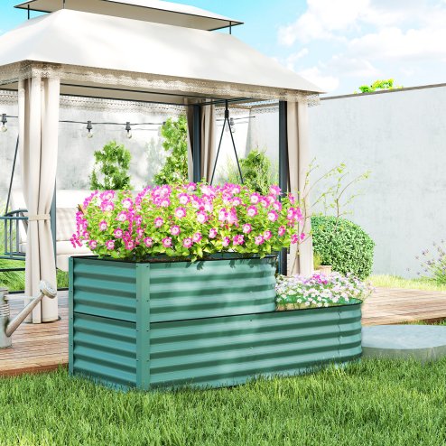 Outsunny 2-Tier Raised Garden Bed, Outdoor Galvanised Planter Box with Safety Edging and Gloves, Metal Raised Bed with Open Bottom for Vegetables, Flowers, Fruits and Herbs, Dark Green