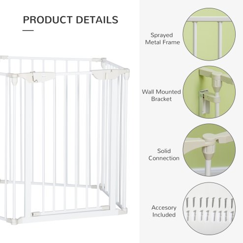 PawHut Pet Safety Gate, 5 Panels Playpen Fireplace, Metal Fence, Stair Barrier, Room Divider w/ Walk-Through Door - White