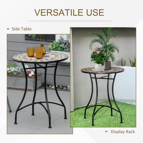 Outsunny 60 cm Mosaic Garden Table, Small Round Outdoor Side Table with Ceramic Top, Plant Stand for Patio, Balcony, Grey and Beige