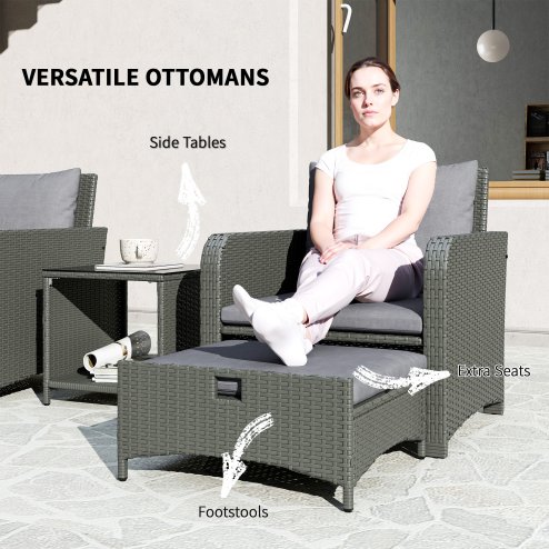 Outsunny 5 Piece Rattan Garden Furniture Set, Wicker Patio Conversation Set with 2 Chairs, 2-Tier Coffee Table, 2 Ottomans and Thick Cushions for Outdoor, Balcony, Bistro, Porch, Grey