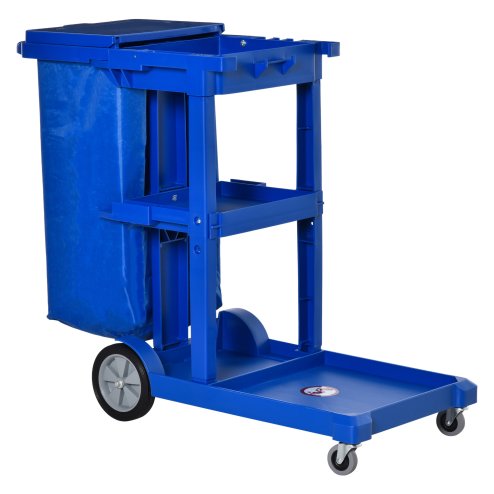 HOMCOM Cleaning Carts On Wheels, Janitorial Trolley with 3 Tier Shelves, Housekeeping Utility Service Unit with Rubbish Bag and Mop Mount for Hotel, Office, Blue
