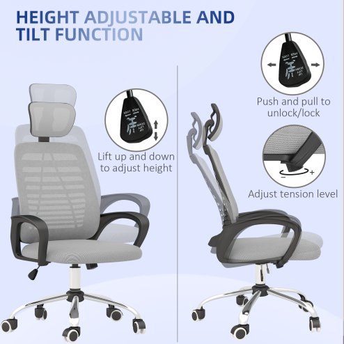 Vinsetto Mesh Office Chair, Ergonomic Computer Desk Chair with Adjustable Headrest, Lumbar Back Support, Armrest, Adjustable Height, Swivel Wheels, Grey