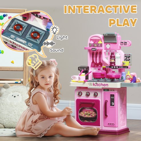 AIYAPLAY Kids Kitchen, Toy Kitchen, Toddler Pretend Play Kitchen with 33-Piece Accessories, Lights, Sounds, for Ages 3-6 Years, Pink