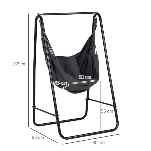 Outsunny Patio Hammock Chair with Stand, Outdoor Hammock Swing Hanging Rope Chair with Cushion, Armrest, Hooks, Dark Grey