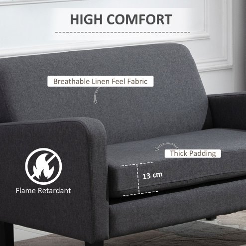HOMCOM 2 Seater Sofa, Small Comfy Sofa Couch with Rubber Wood Legs, Modern Upholstered Loveseat for Living Room, Bedroom, Charcoal Grey