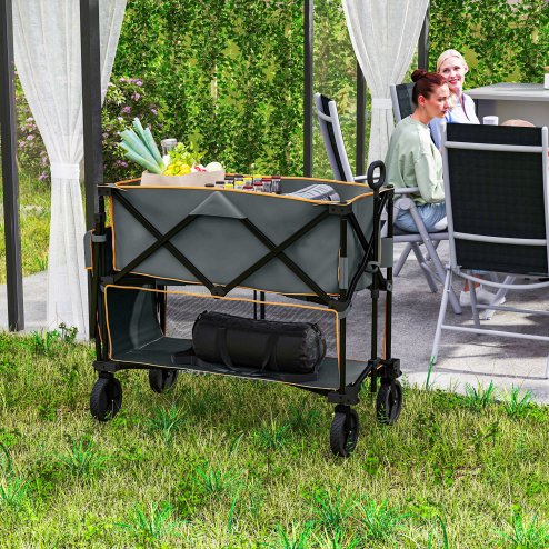 Outsunny Double Decker Folding Trolley on Wheels, 200KG & 350L Capacity Collapsible Wagon Festival Trolley Cart with 134cm Extended for Camping Sports Shopping Garden and Beach, Grey