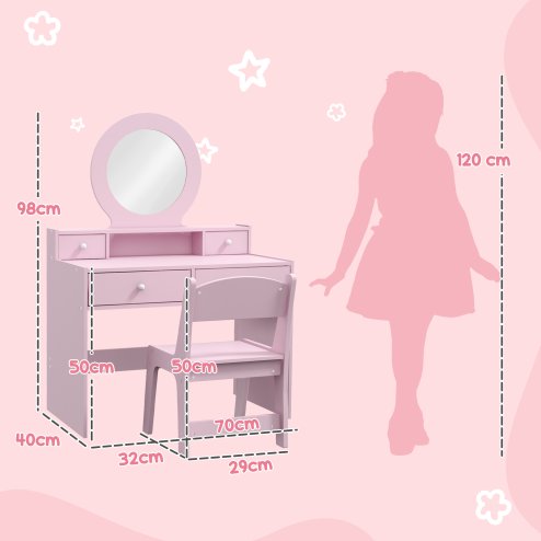 AIYAPLAY Kids Dressing Table Set with Stool and Mirror, Make up Set with Storage Drawers, Kids Vanity Table Gift for Aged 3-8 Years Old - Pink